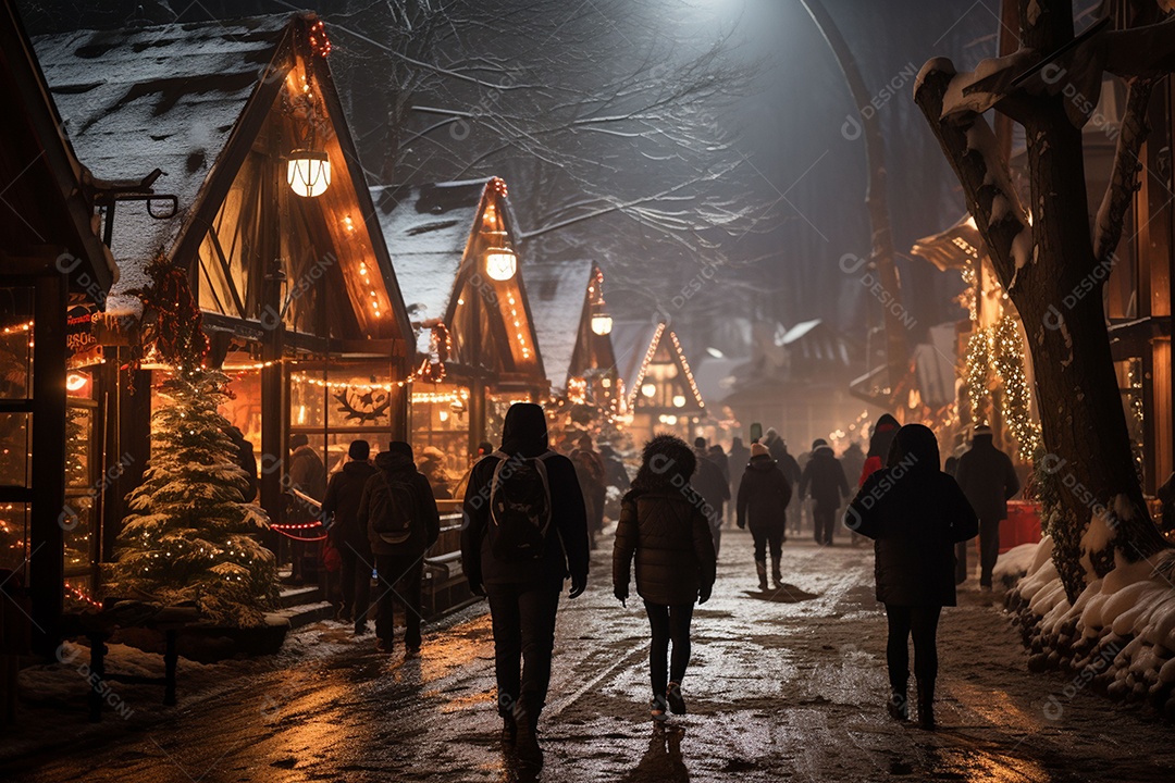 Rua com muitas pessoas no inverno