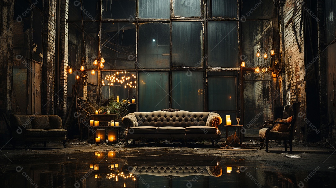 Sala abandonada decorada com luzes e moveis