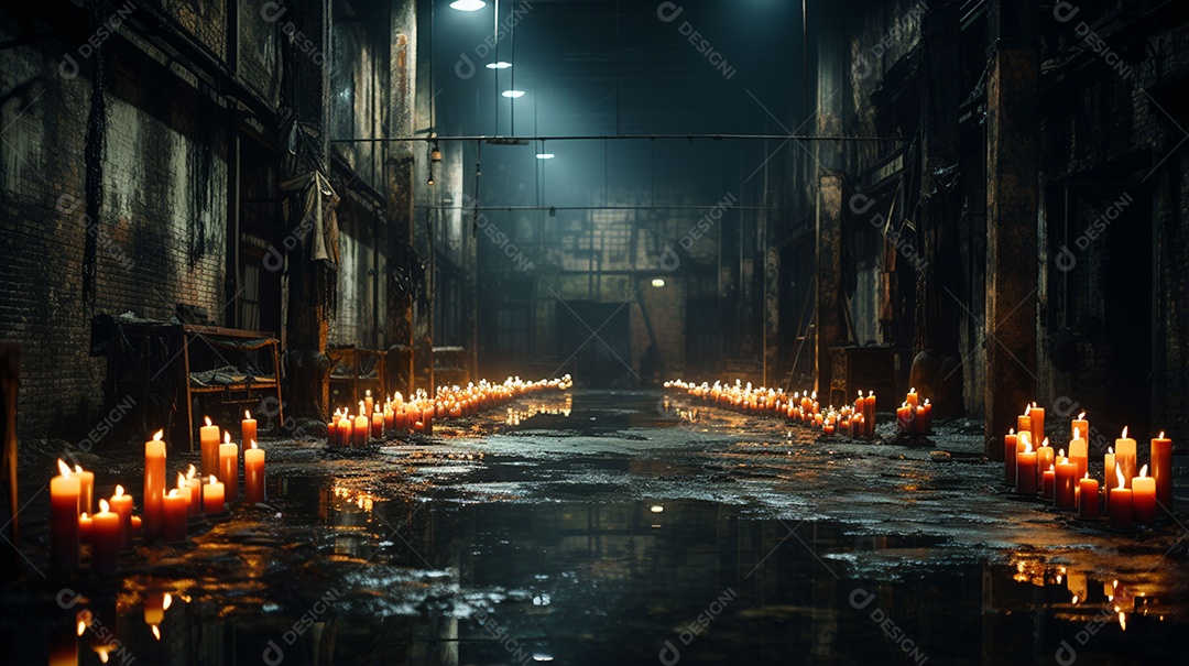 Galpão abandonado com luzes de vela cenário
