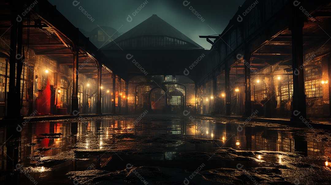 Galpão abandonado com luzes cenário