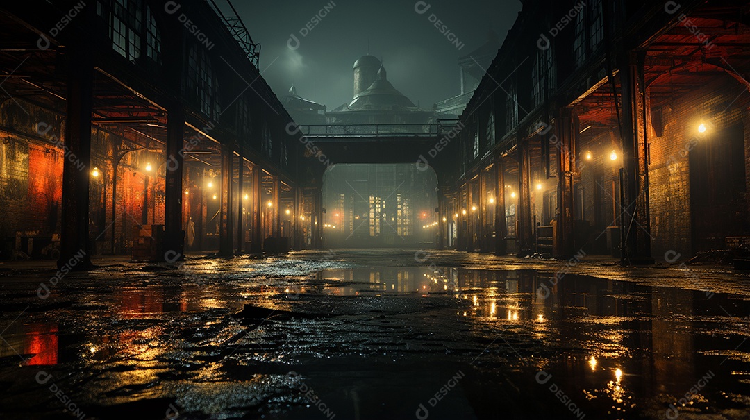 Galpão abandonado com luzes cenário