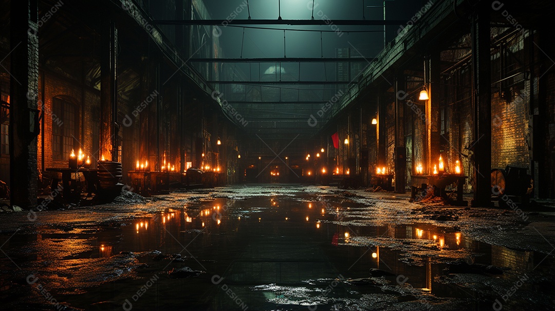 Galpão abandonado com luzes