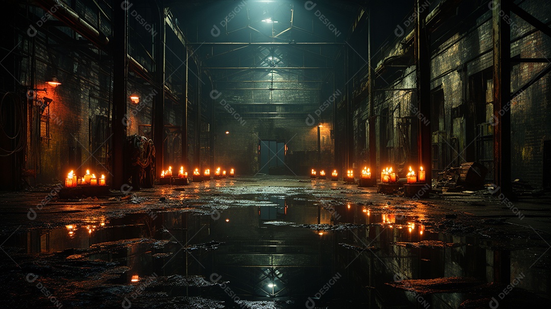 Galpão abandonado com luzes