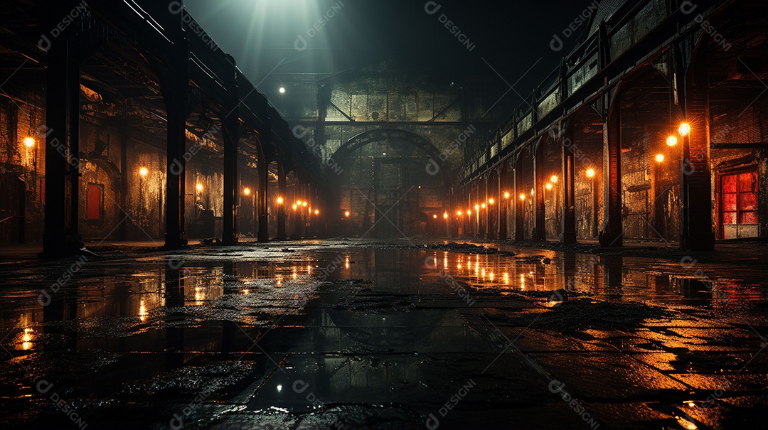 Galpão abandonado com luzes