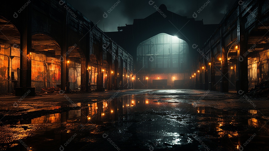 Galpão abandonado com luzes