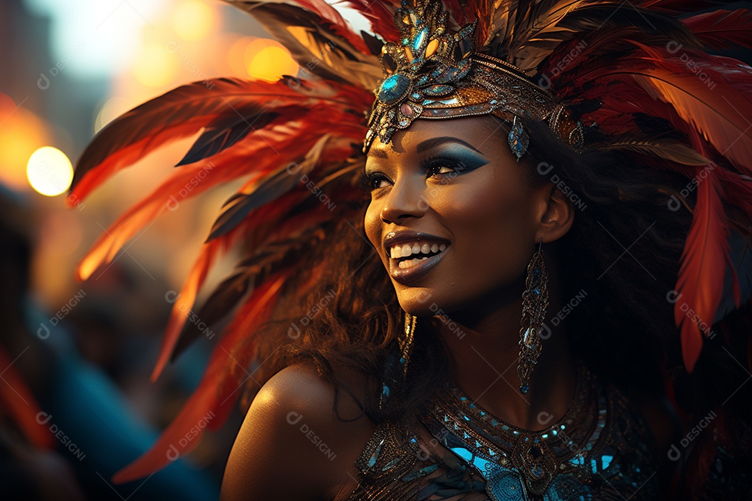 Jovem morena sorrindo fantasiada para carnaval