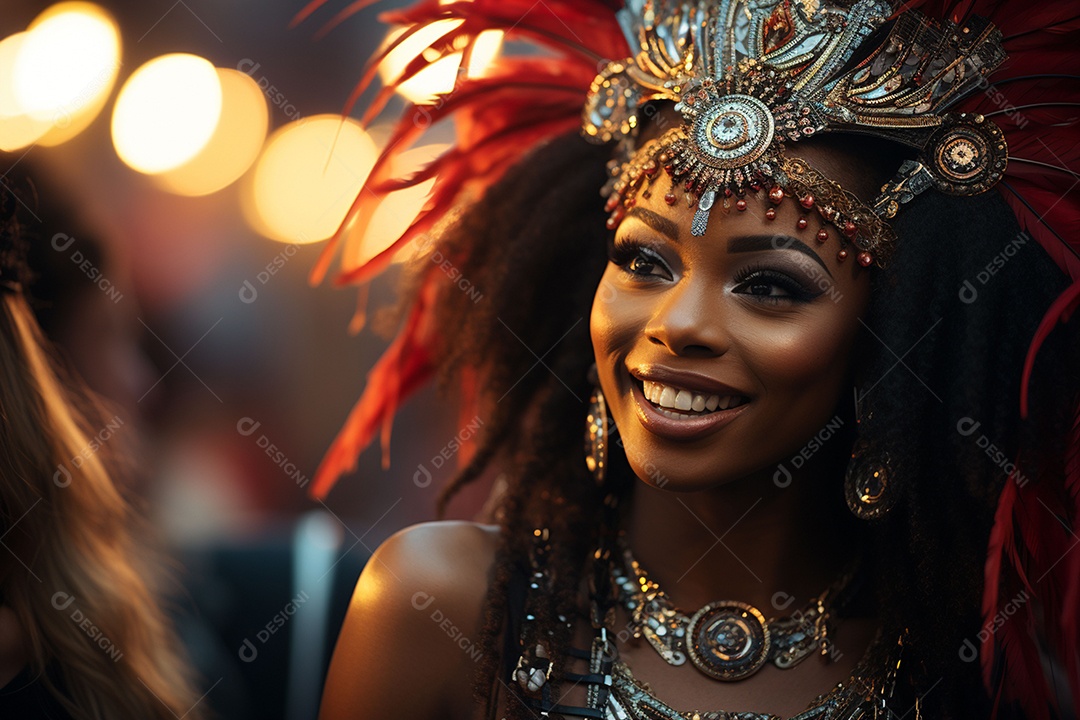 Bela sambista morena feliz no carnaval