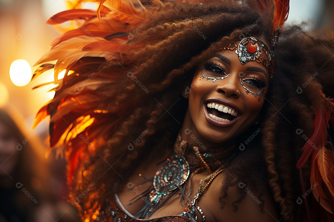 Bela sambista morena feliz no carnaval