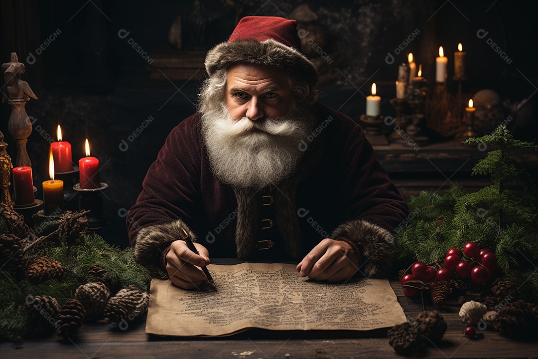 Papai Noel escrevendo com uma caneta de pena vintage