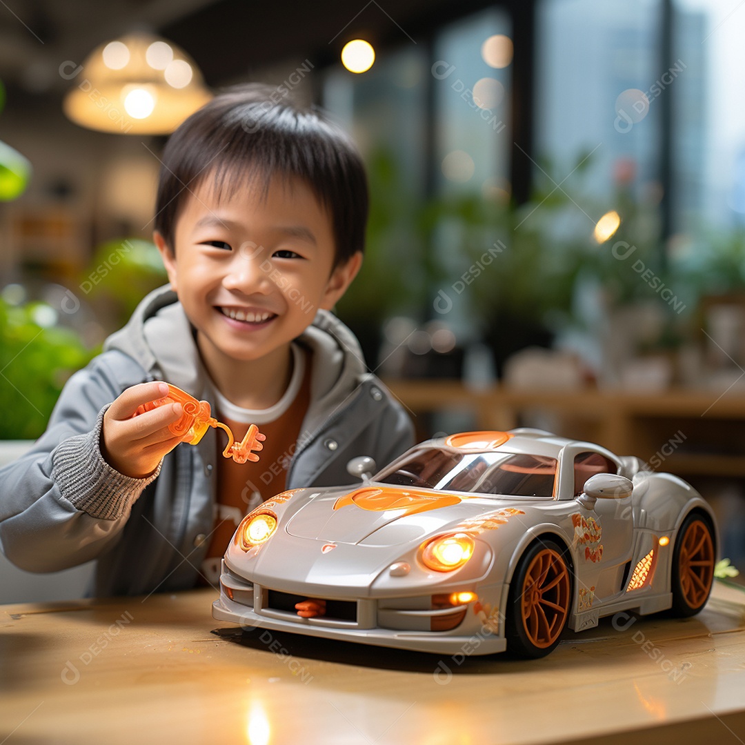 Um menino asiático feliz brincando com seu carrinho