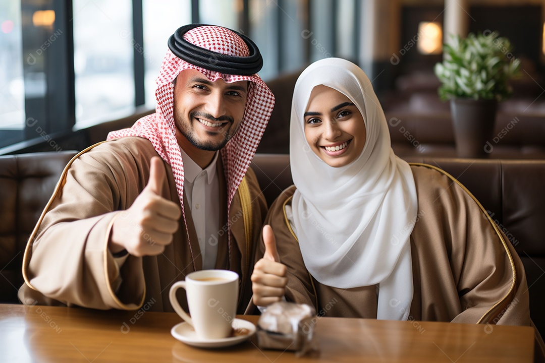 Casal de árabes tomando um café felizes