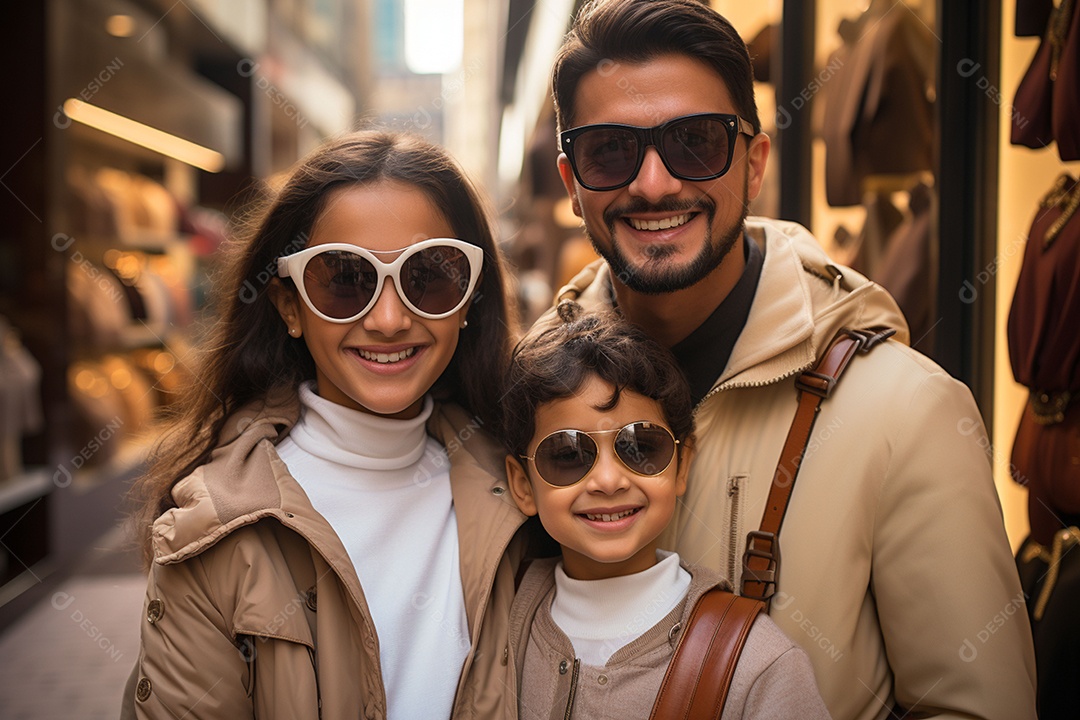Família árabe estilosa fazendo compras ao ar livre