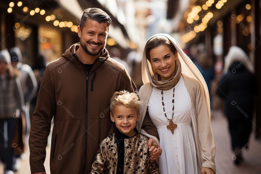 Família linda de muçulmano fazendo compras ao ar livre