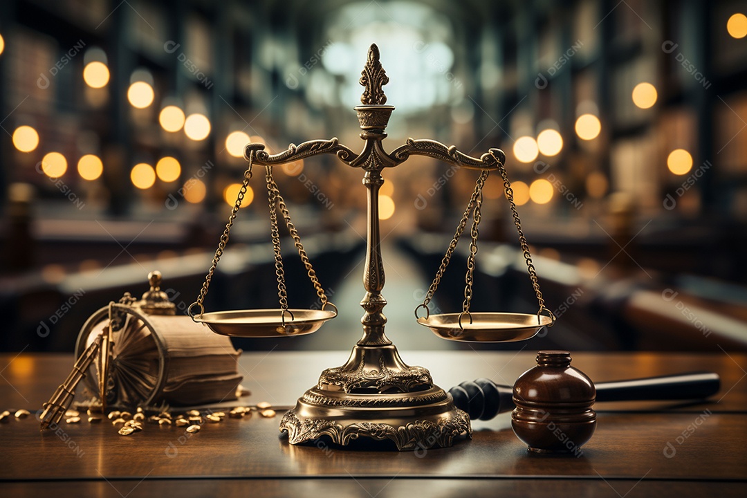 Escalas de livros de justiça e direito com martelo de juiz