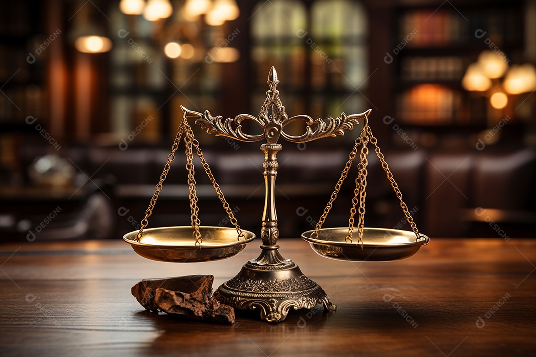 Escalas de livros de justiça e direito com tênis na mesa de um escritório