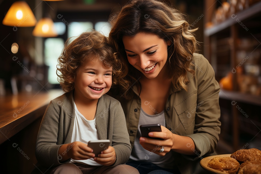 Mãe e menina sorrindo sobre fundo desfocado