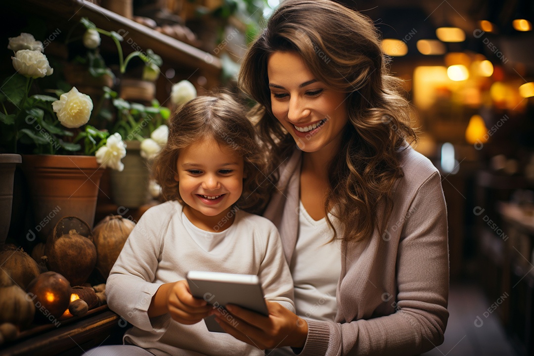 Mãe e menina sorrindo sobre fundo desfocado