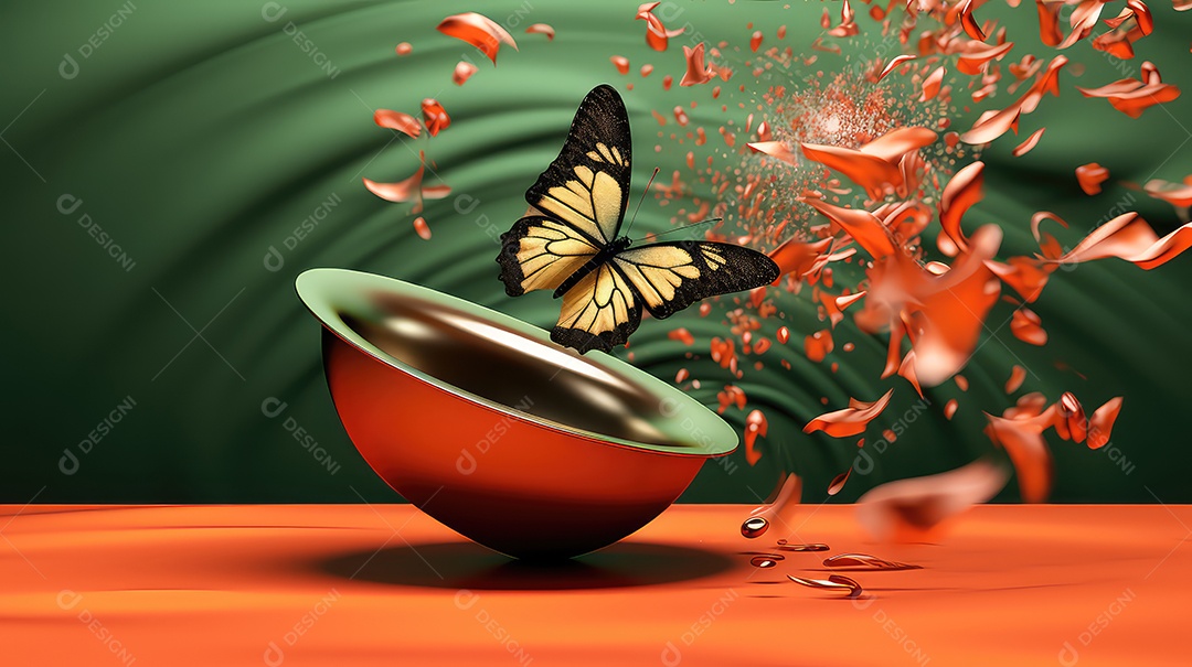 Borboleta voando sobre uma tigela