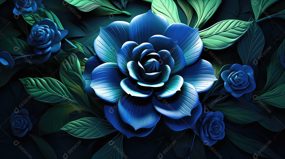 Flor rosa azul com folhas em fundo preto
