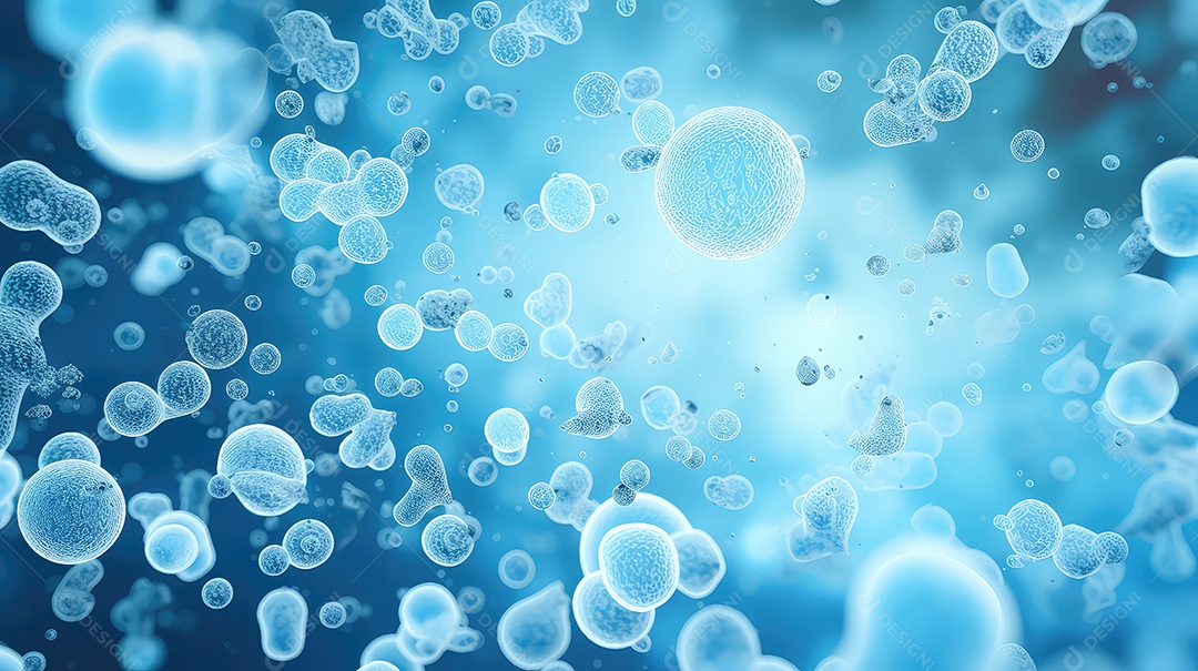 Glóbulos azuis fluindo em fundo azul com espaço para texto
