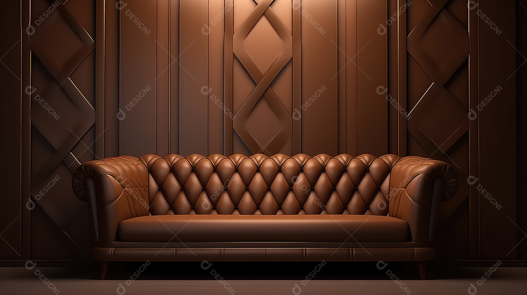 Sofá de couro marrom em uma sala com parede de madeira