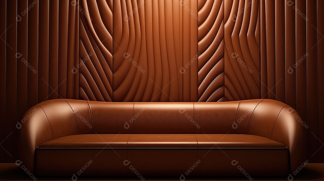 Sofá de couro marrom em uma sala com parede de madeira