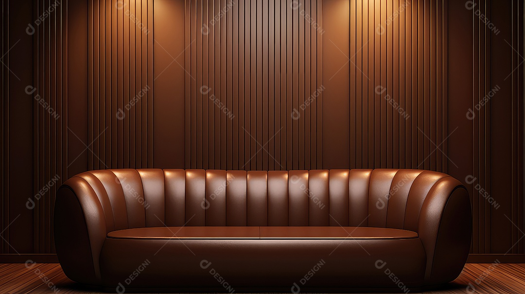 Sofá de couro marrom em uma sala com parede de madeira