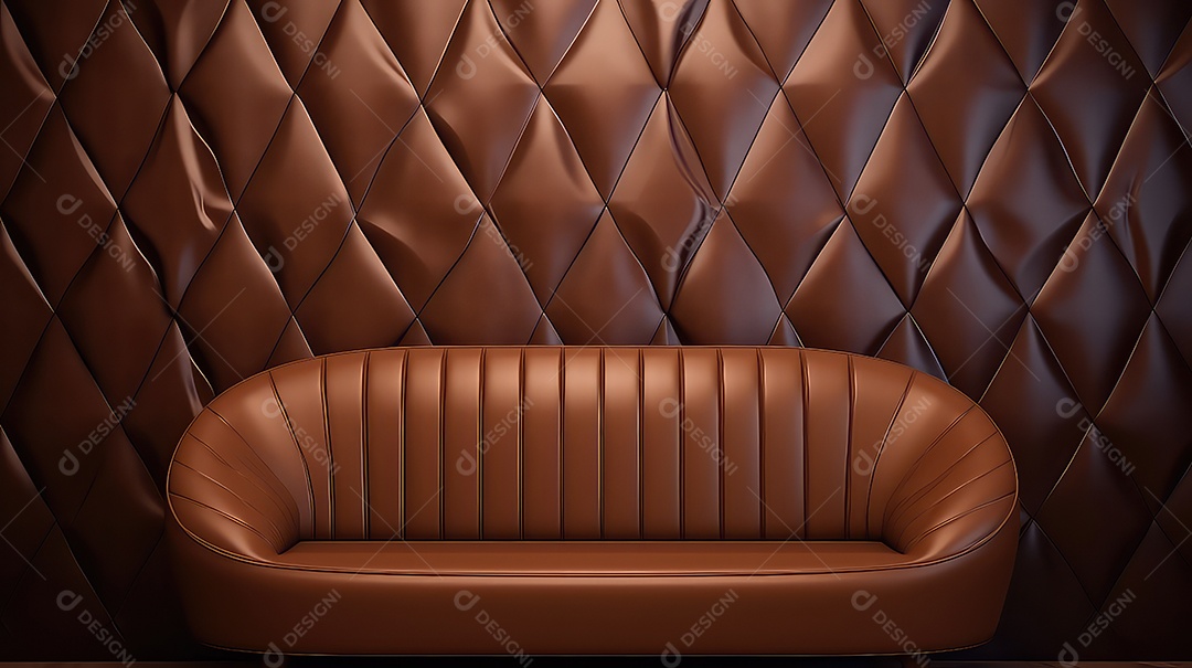 Sofá de couro marrom em uma sala com parede de madeira