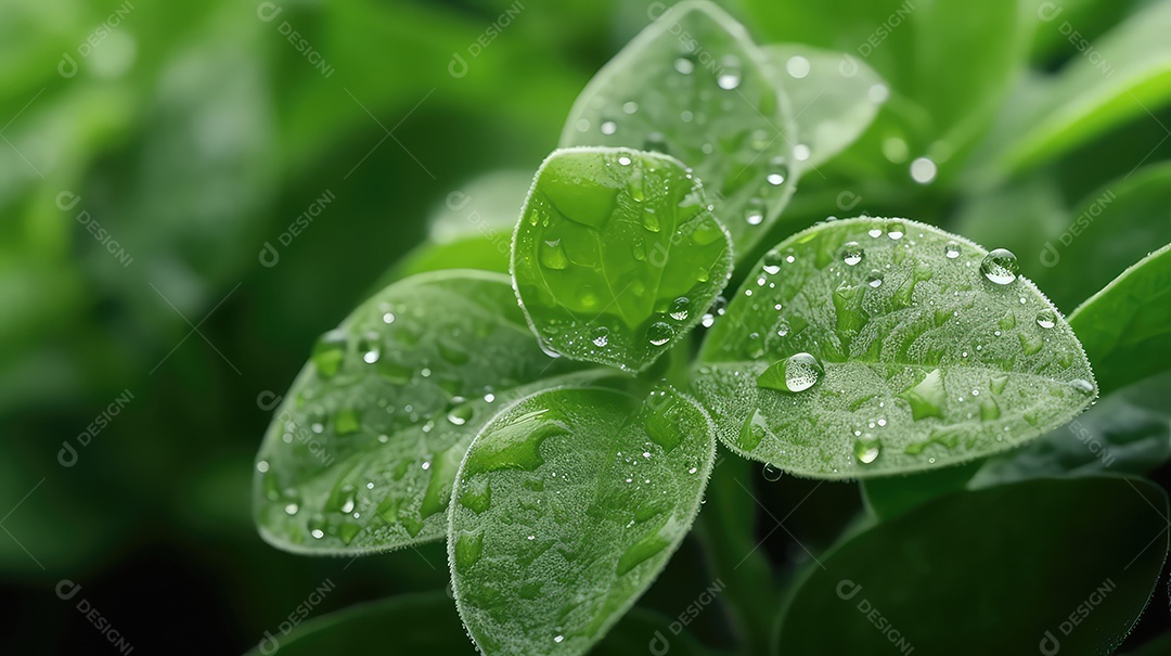 Folhas verdes com gotas de água fundo natural