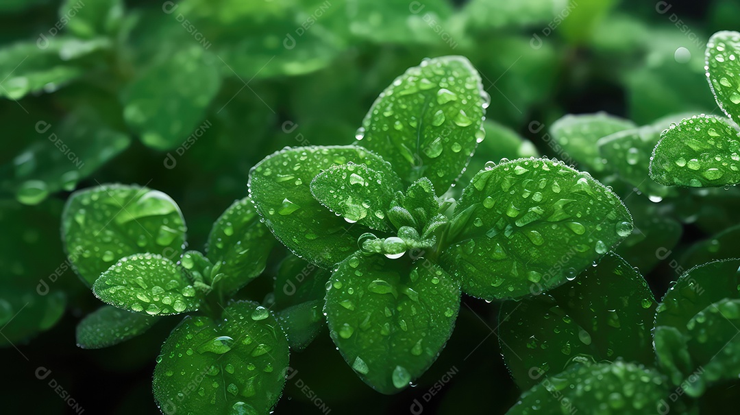 Folhas verdes com gotas de água fundo natural