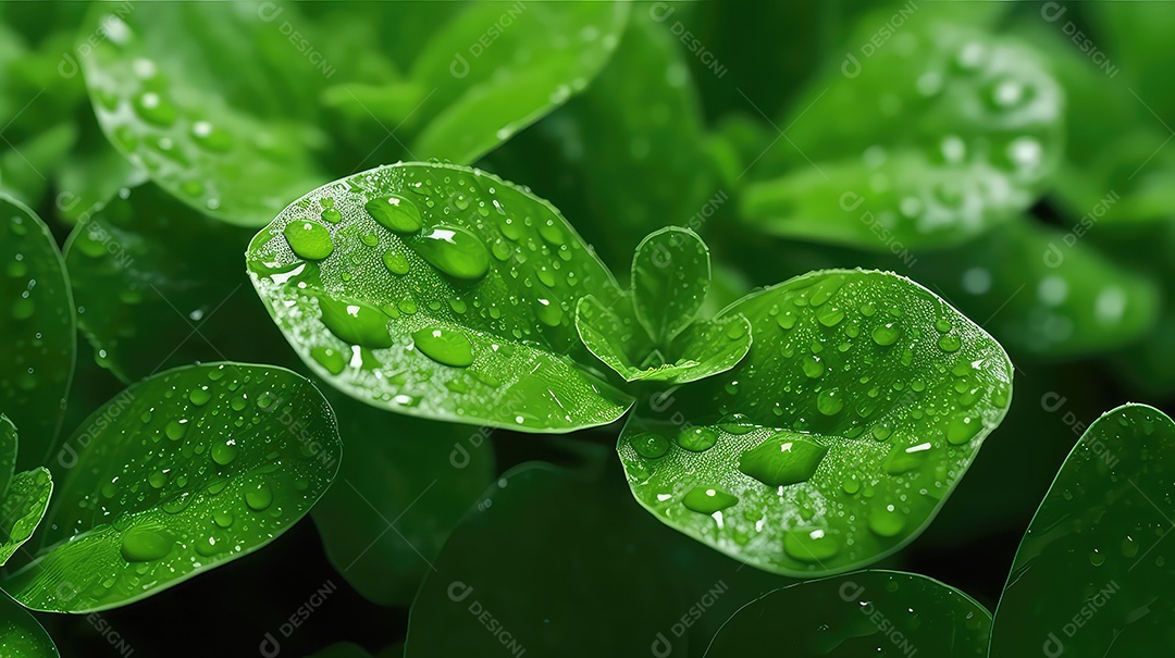 Folhas verdes com gotas de água fundo natural