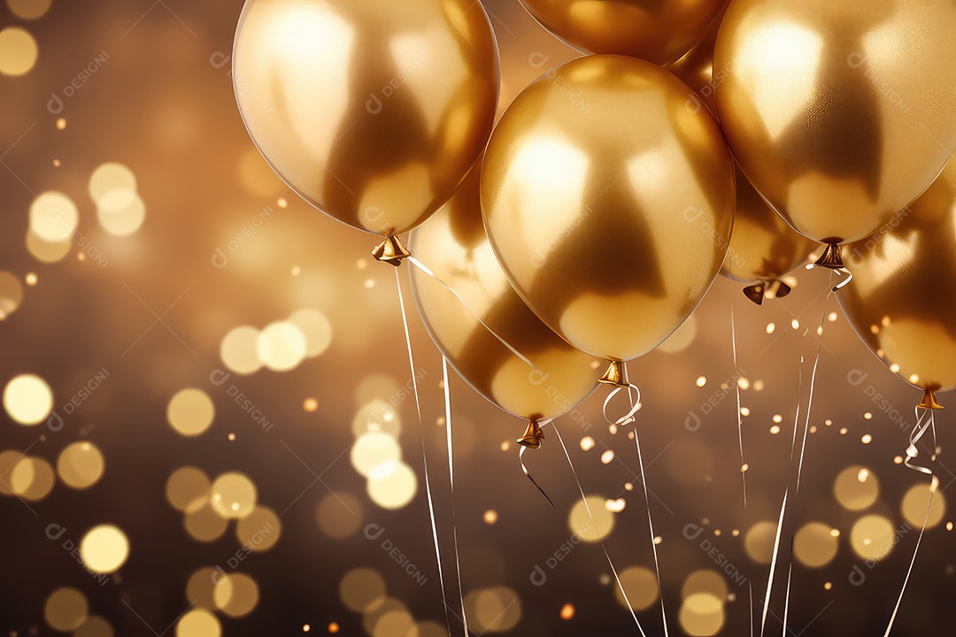 Balões dourados com confete e fitas em fundo bokeh