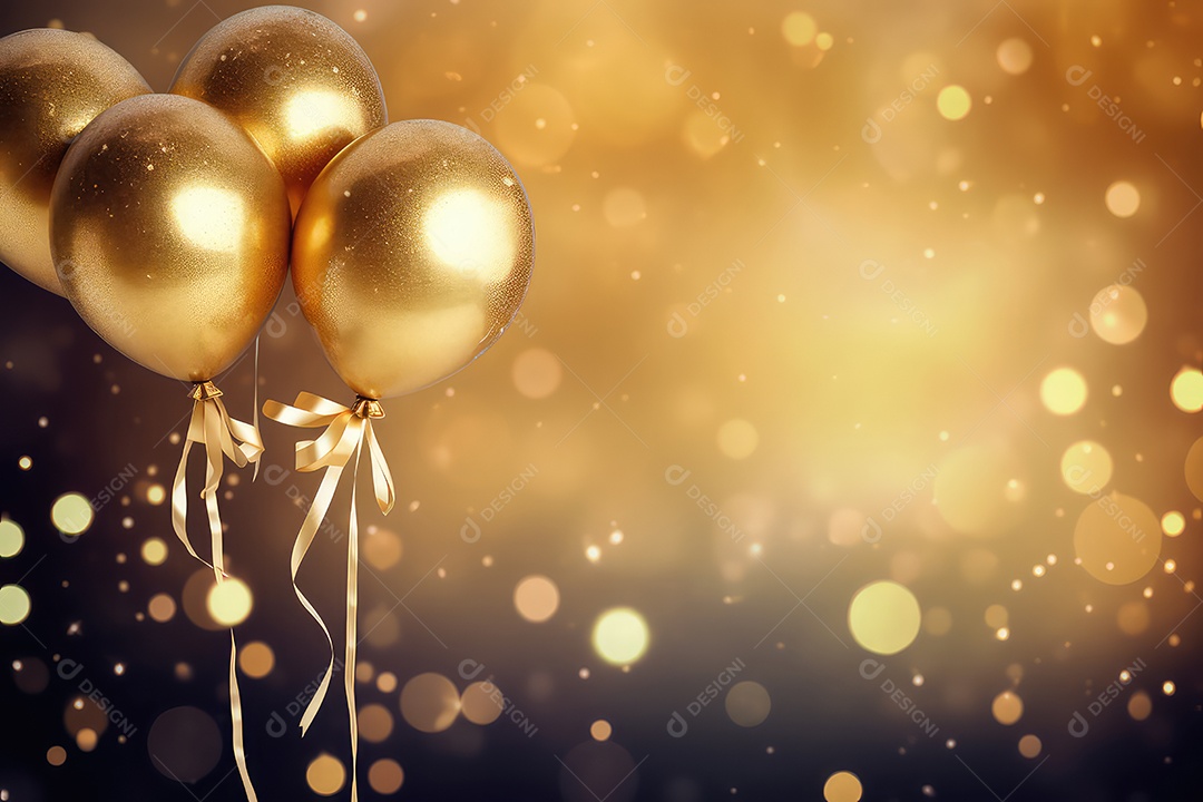 Balões dourados com confete e fitas em fundo bokeh
