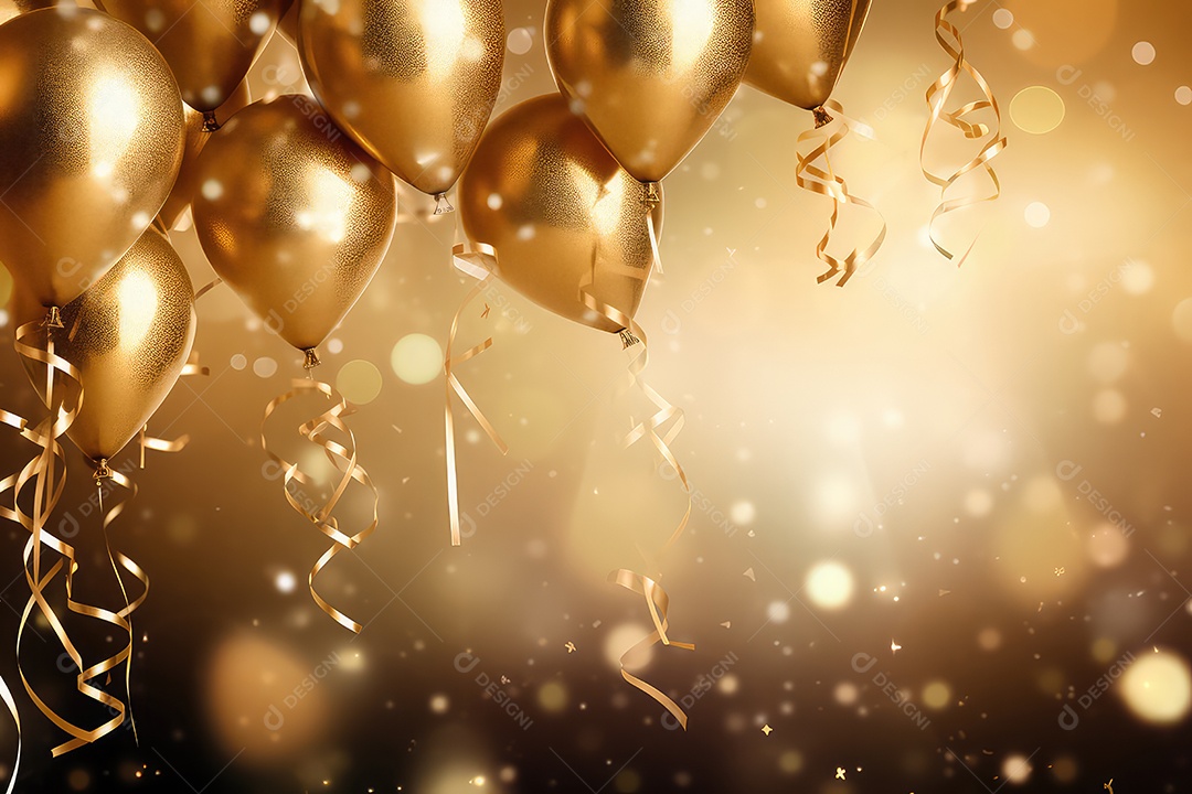 Balões dourados com confete e fitas em fundo bokeh