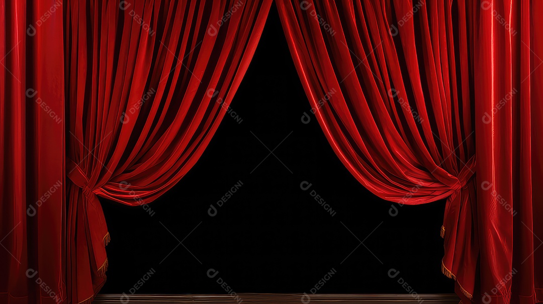 Cortina vermelha de teatro com holofotes ao fundo
