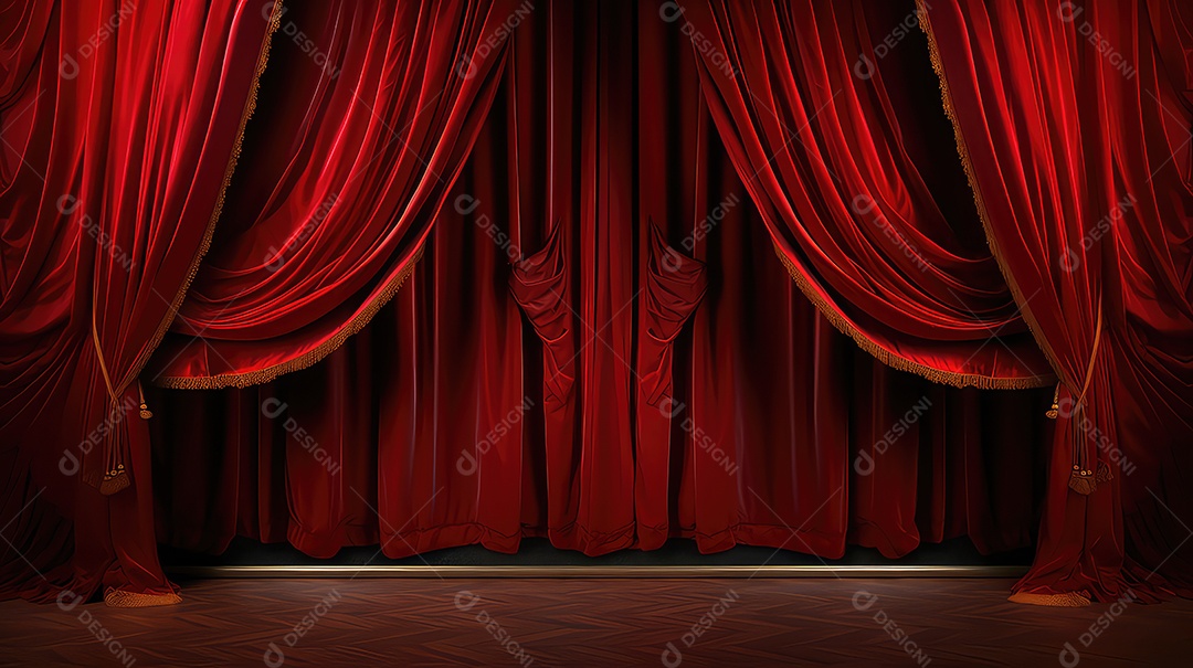 Cortina vermelha de teatro com holofotes ao fundo