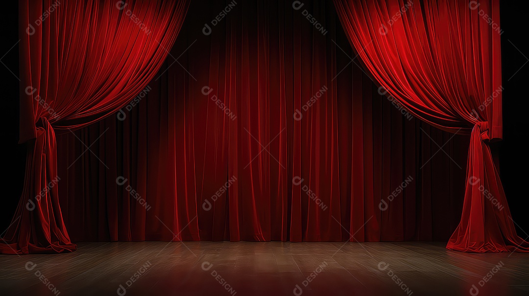 Cortina vermelha de teatro com holofotes ao fundo