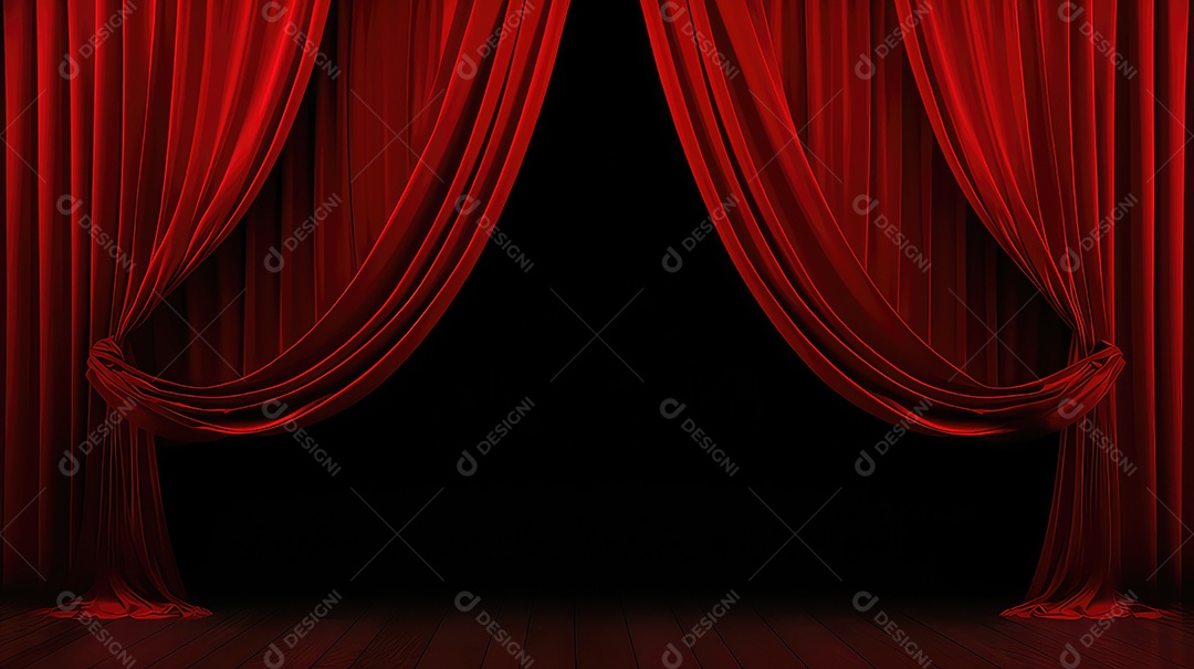 Cortina vermelha de teatro com holofotes ao fundo