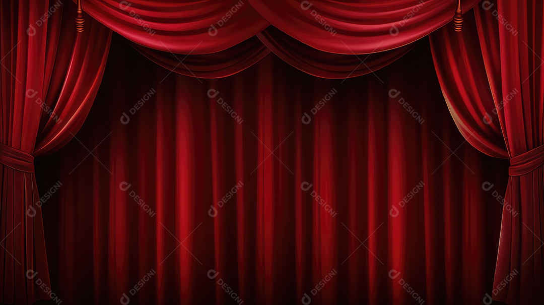 Cortina vermelha de teatro com holofotes ao fundo