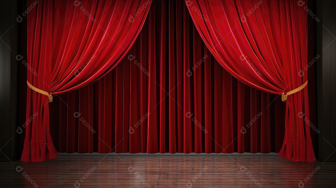 Cortina vermelha de teatro com holofotes ao fundo