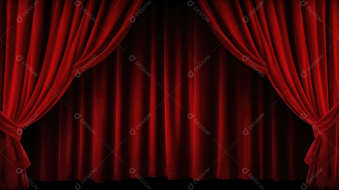 Cortina vermelha de teatro com holofotes ao fundo
