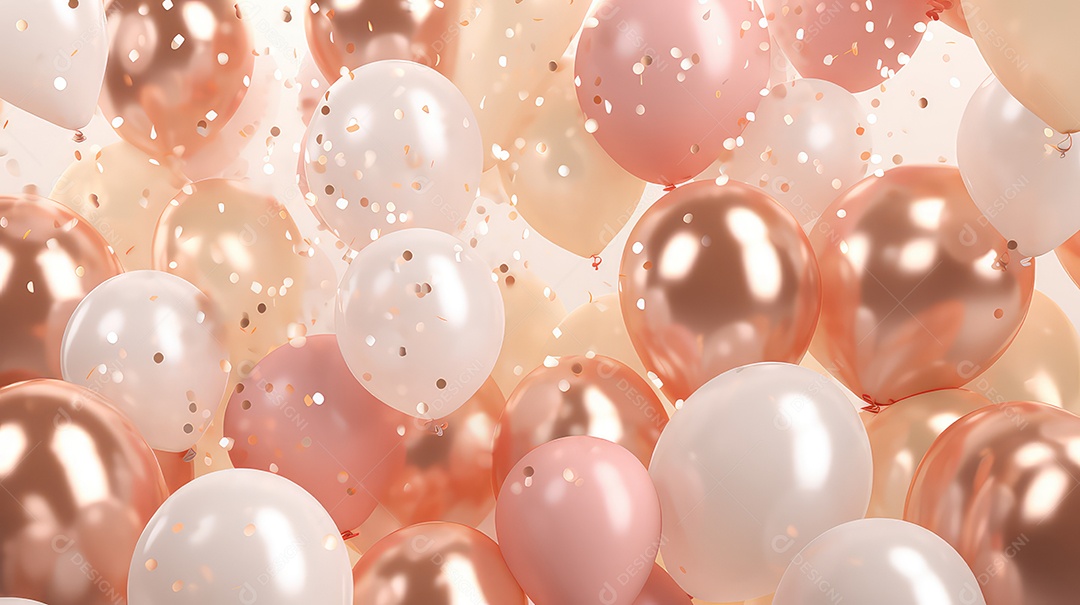 Balões rosa pastel e bege com fundo de confete