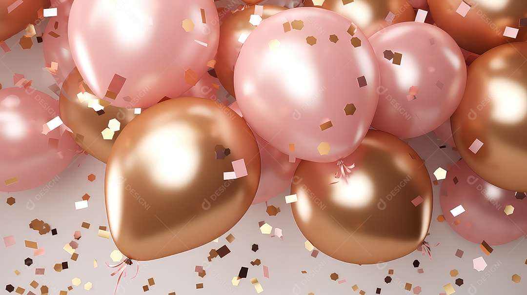 Balões rosa pastel e bege com fundo de confete