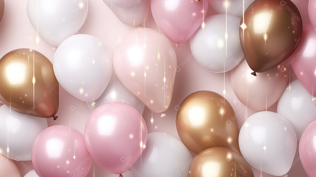 Balões rosa pastel e bege com fundo de confete