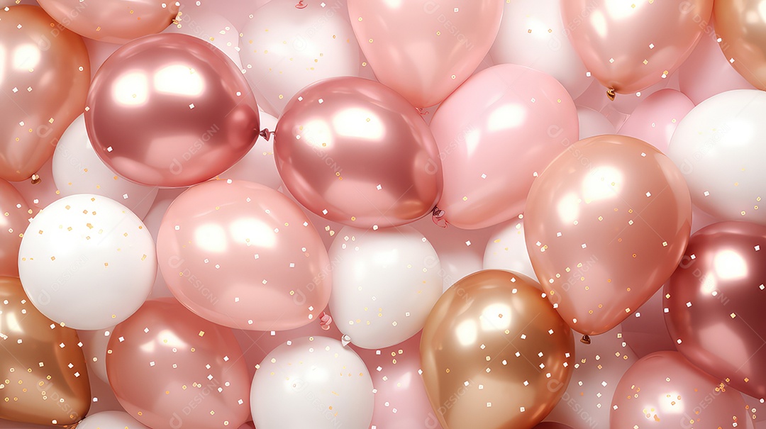 Balões rosa pastel e bege com fundo de confete