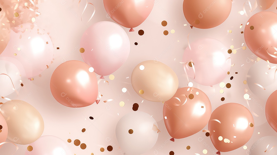 Balões rosa pastel e bege com fundo de confete
