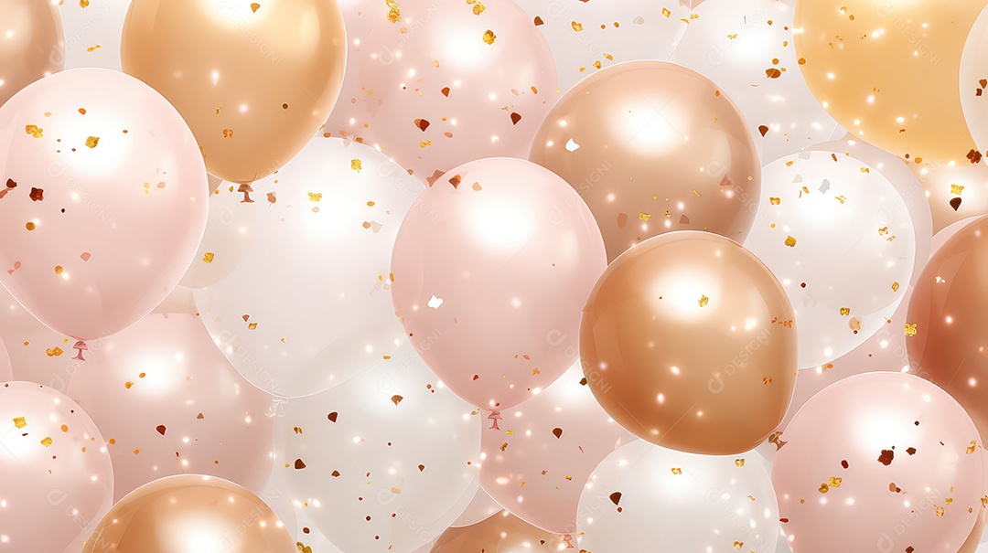 Balões rosa pastel e bege com fundo de confete