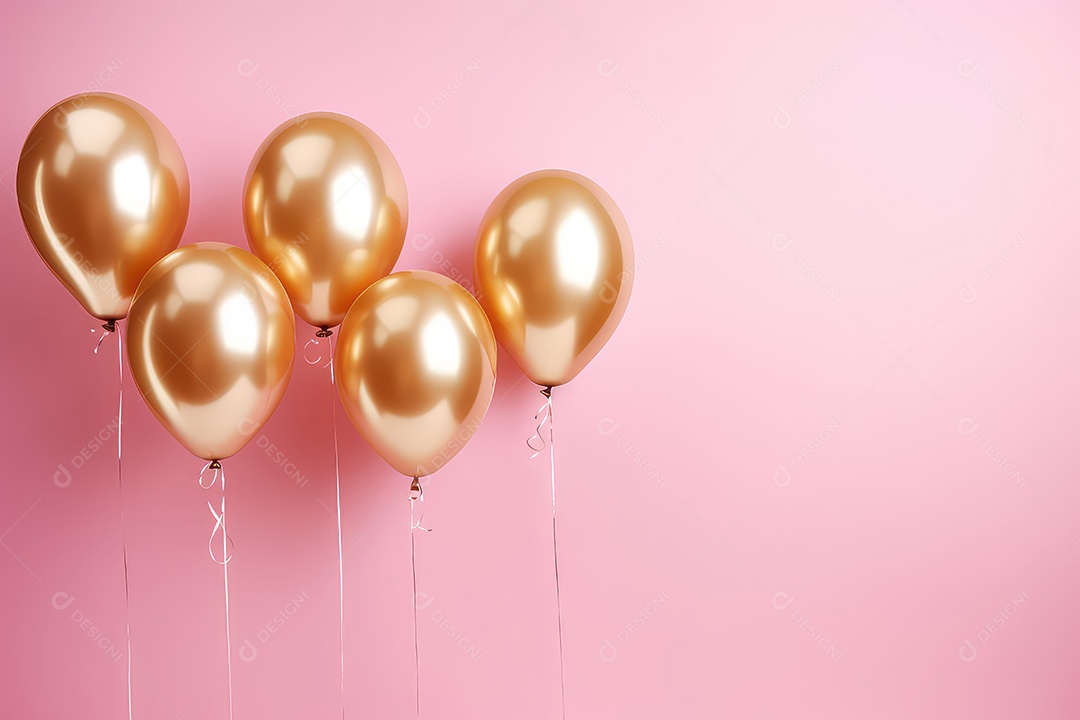 Balões dourados com fitas em fundo rosa