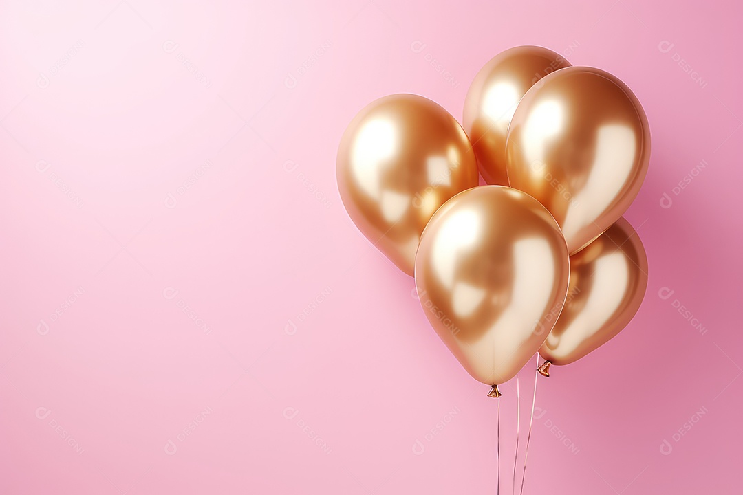 Balões dourados com fitas em fundo rosa