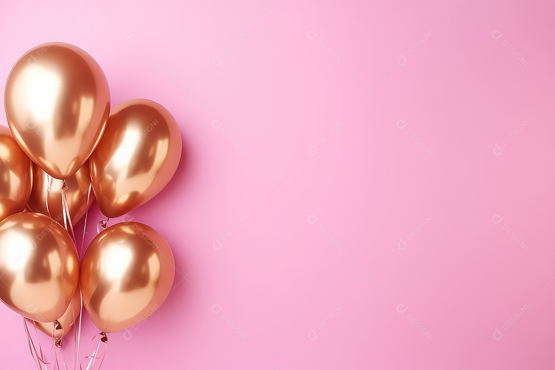 Balões dourados com fitas em fundo rosa